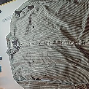 L.L. BEAN Button shirt medium long sleeve green white stripe 100% cotton heavy